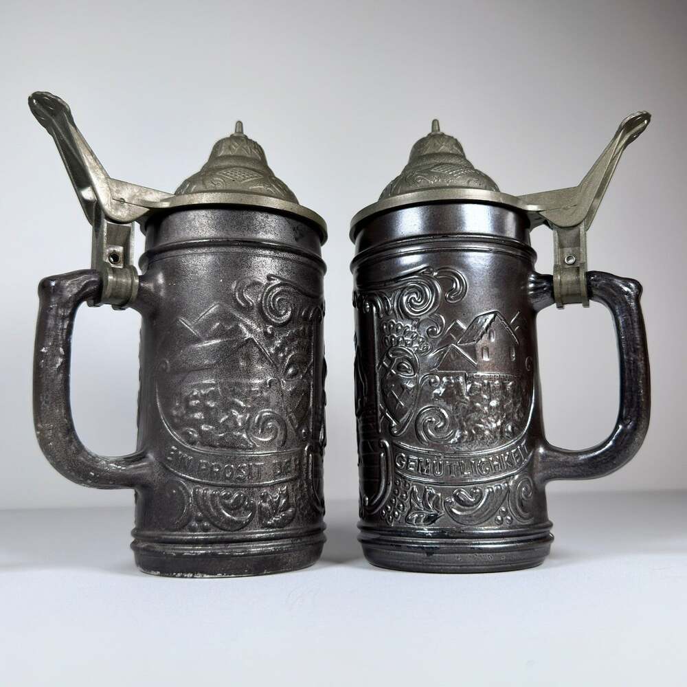Vintage German Glass Beer Steins Pair with Gunmetal Gray Plastic Lids